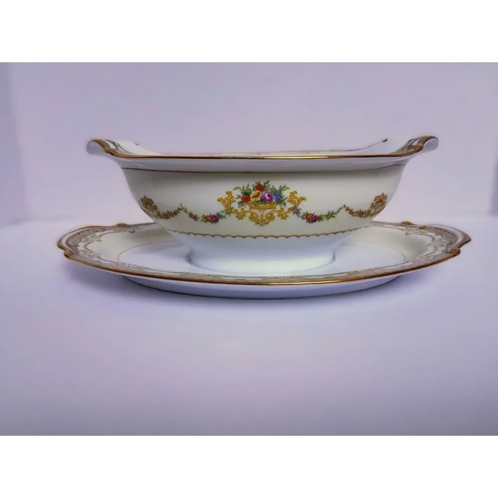 Vintage 30s Noritake Ashley Pattern Gravy Boat w Attached Underplate Fine China